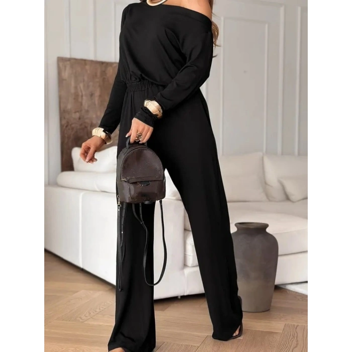 Kadın Tek Omuzdan Açık Uzun Kollu Belden Bağcıklı Uzun Viskon Iki Iplik Tulum