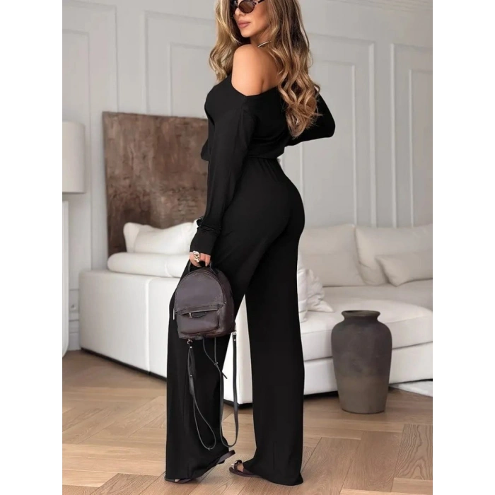 Kadın Tek Omuzdan Açık Uzun Kollu Belden Bağcıklı Uzun Viskon Iki Iplik Tulum