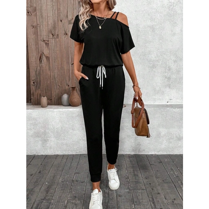 Kadın Tek Omuzdan Açık Viskon Iki Iplik Bluz Bağcıklı Pantolon Ikili Takım