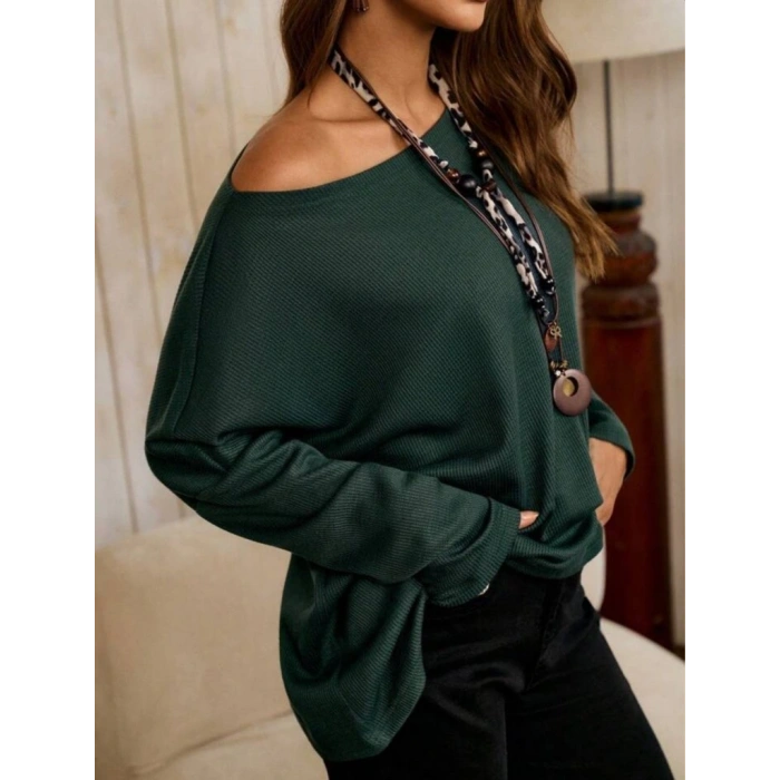 Kadın Tek Omuzdan Açık Yarasa Kollu Waffle Bluz