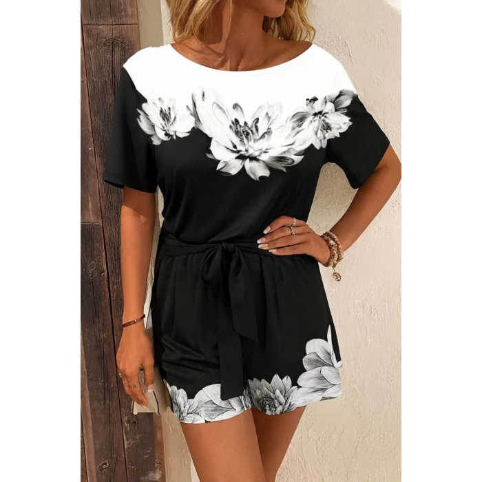 Kadın Tek Omuzu Açık çiçek Desenli Beli Kuşaklı Iki Iplik Mini Short Tulum