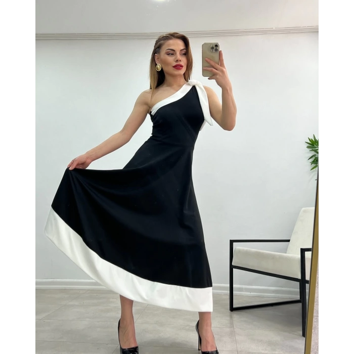 Kadın Tek Omuzu Açık Omuzlardan Kurdela Detaylı çift Renkli Ithal Krep Elbise