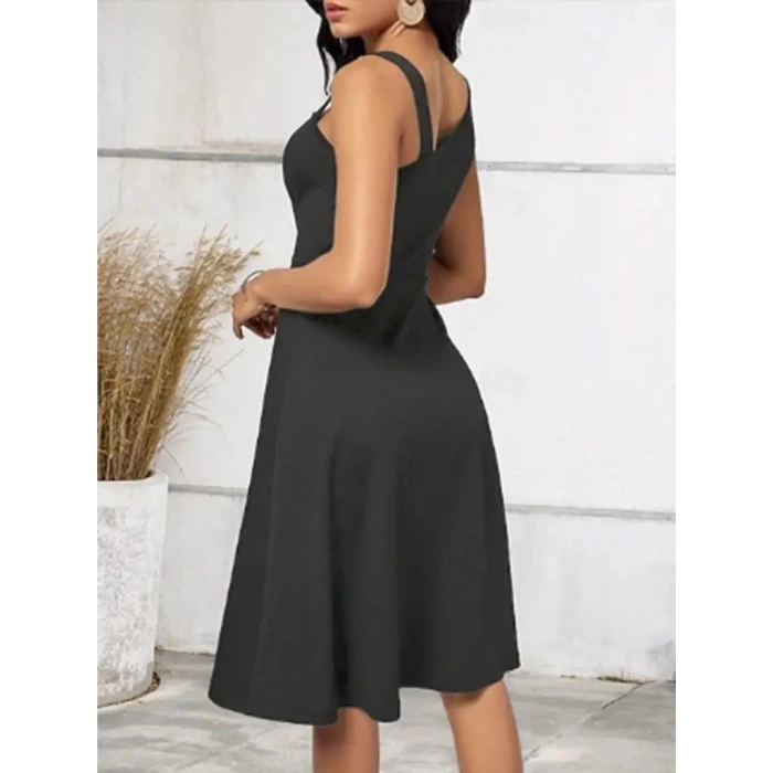 Kadın Tek Omuzu şerit Detaylı Kolsuz Yandan Düğme Detaylı Janjan Krep Elbise