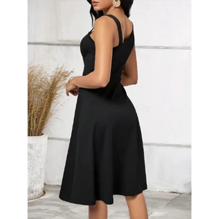 Kadın Tek Omuzu şerit Detaylı Sıfır Kol Yandan Düğme Detaylı Janjan Krep Elbise