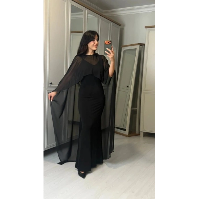 Kadın Transparan Pelerin Detay Askılı Maxi Boy Elbise