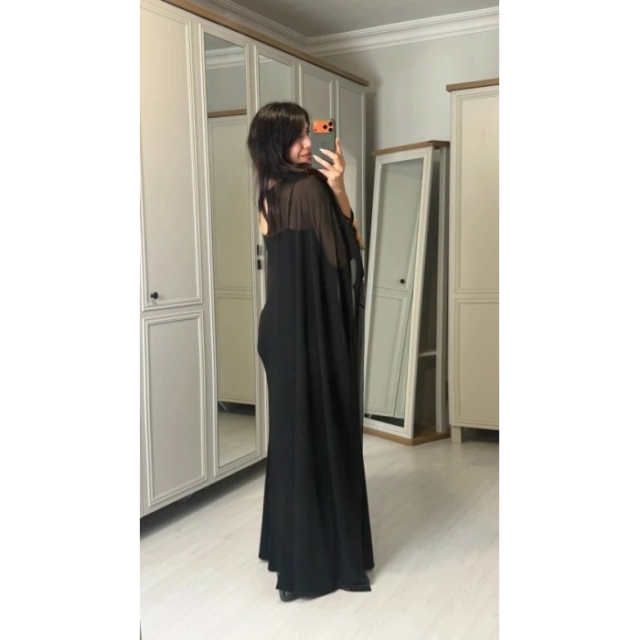Kadın Transparan Pelerin Detay Askılı Maxi Boy Elbise