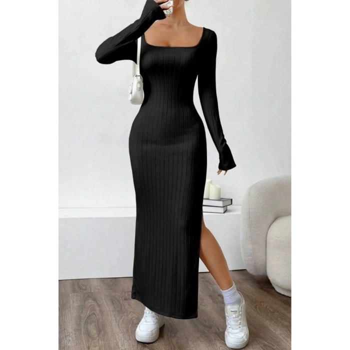 Kadın Trend U Yaka Yırtmaçlı Uzun Kol Kalın Fitili Elbise