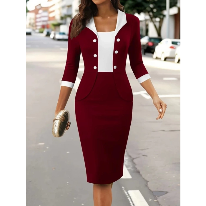 Kadın Truvakar Kol çift Renkli Düğmeli Kısa Ithal Krep Elbise