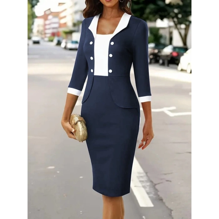 Kadın Truvakar Kol çift Renkli Düğmeli Kısa Ithal Krep Elbise