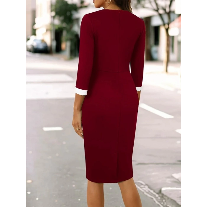 Kadın Truvakar Kol çift Renkli Düğmeli Kısa Ithal Krep Elbise