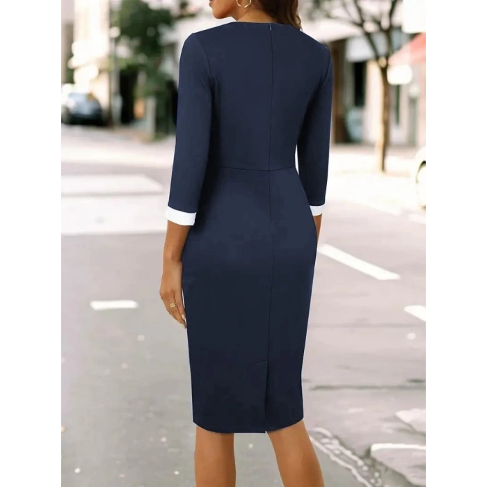 Kadın Truvakar Kol çift Renkli Düğmeli Kısa Ithal Krep Elbise