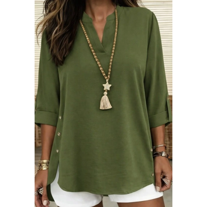 Kadın Truvakar Kol Hakim Yakalı Yandan Düğme Detaylı Aerobin Bluz