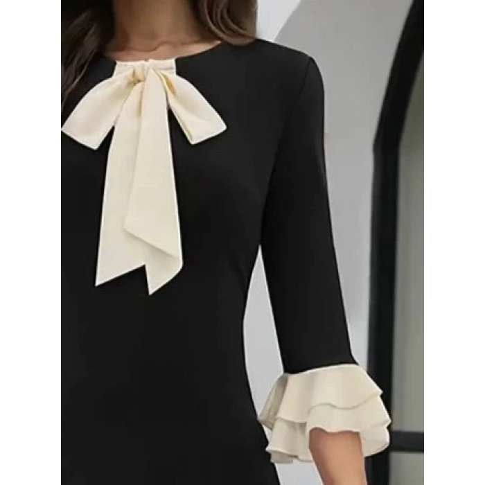 Kadın Truvakar Kollu Fiyonk Yakalı Midi Ithal Krep Elbise