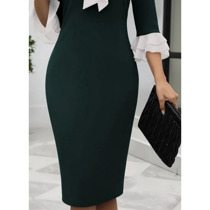 Kadın Truvakar Kollu Fiyonk Yakalı Midi Ithal Krep Elbise