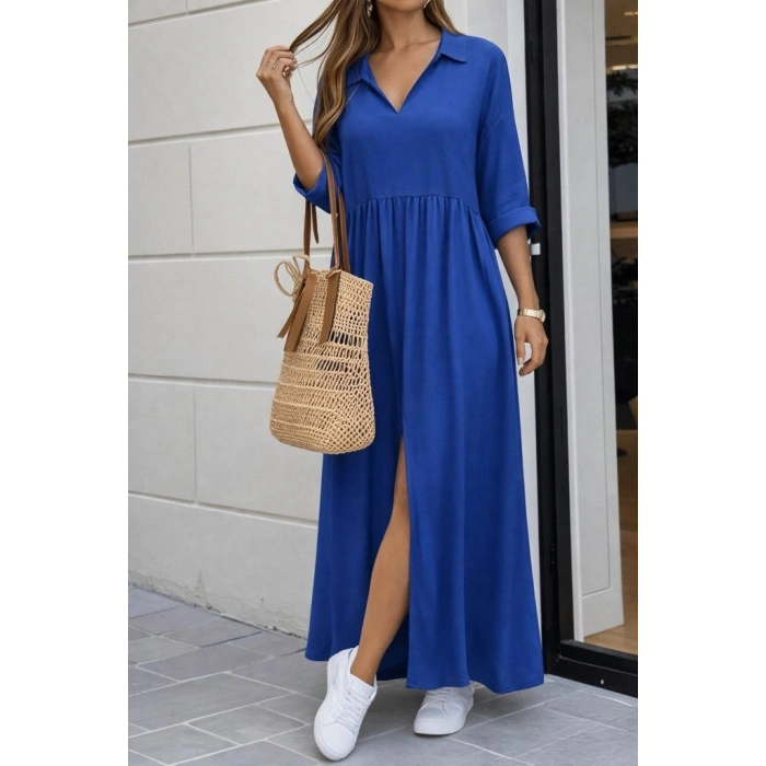 Kadın Truvakar Kollu V Yakalı Yırtmaçlı Uzun Aerobin Elbise