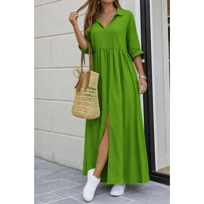 Kadın Truvakar Kollu V Yakalı Yırtmaçlı Uzun Aerobin Elbise