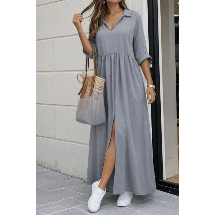 Kadın Truvakar Kollu V Yakalı Yırtmaçlı Uzun Aerobin Elbise