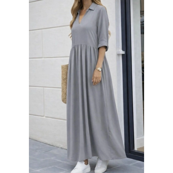 Kadın Truvakar Kollu V Yakalı Yırtmaçlı Uzun Aerobin Elbise