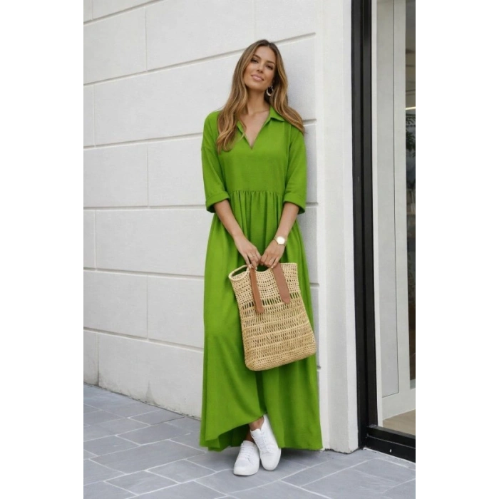 Kadın Truvakar Kollu V Yakalı Yırtmaçlı Uzun Aerobin Elbise