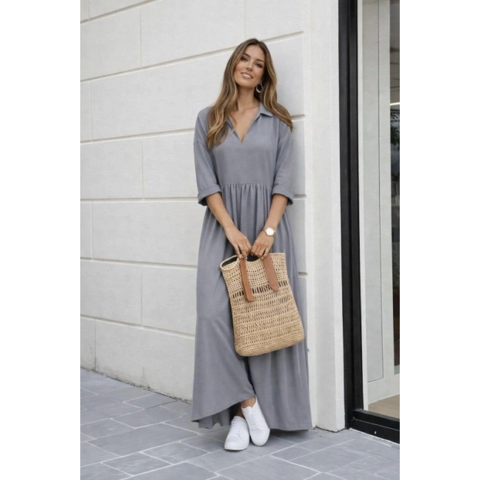 Kadın Truvakar Kollu V Yakalı Yırtmaçlı Uzun Aerobin Elbise