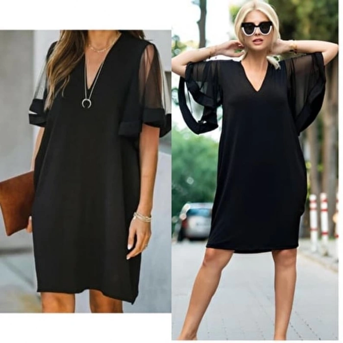 Kadın Tüllü Kısa Kollu V Yaka Krep Elbise