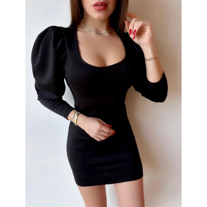 Kadın U Yaka Balon Omuz Ve Fakir Kol Detay Mini Elbise