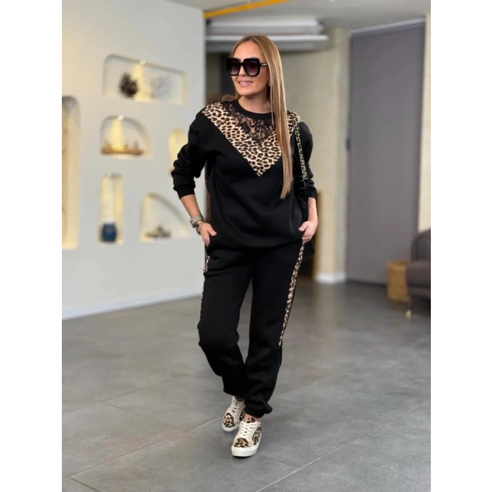 Kadın üç Iplik Kumaş Leopar Desenli Dantel Detaylı Ikili Takım