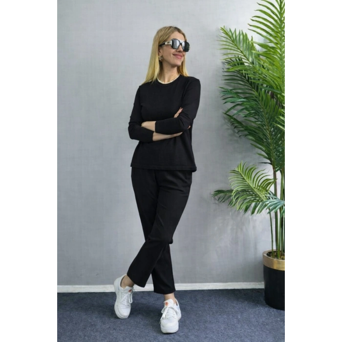 Kadın Uzun Kol Bisiklet Yaka Bürümcük Bluz Ve Pantolon Ikili Takım