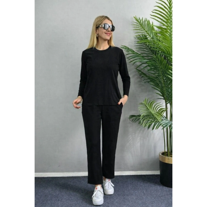 Kadın Uzun Kol Bisiklet Yaka Bürümcük Bluz Ve Pantolon Ikili Takım