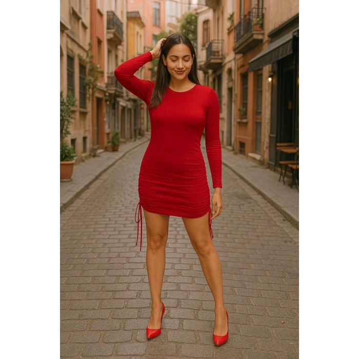 Kadın Uzun Kol Büzgü Detaylı Sandy Kumaş Ayarlanabilir Boy Fırsat Ürün Elbise