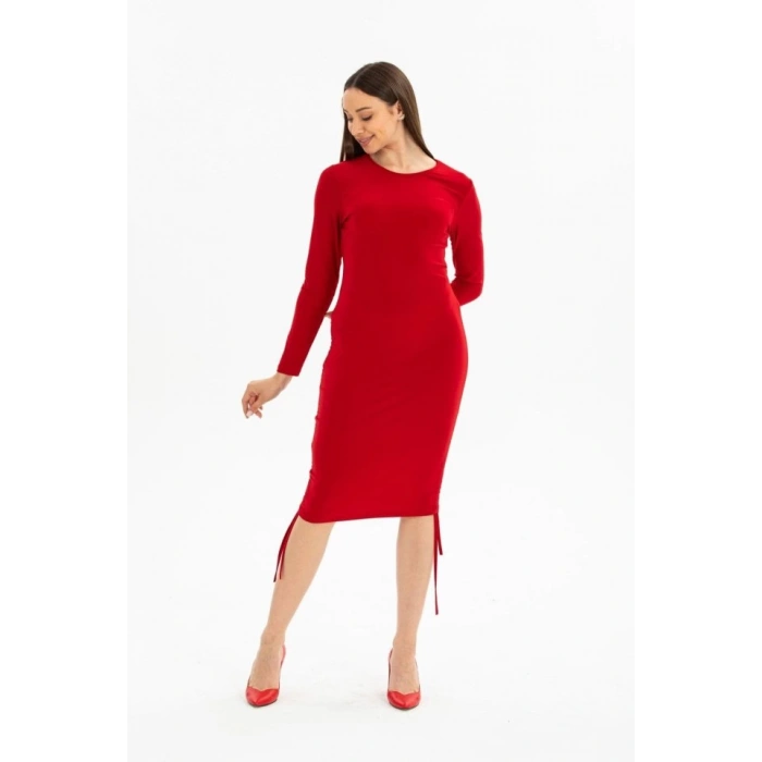 Kadın Uzun Kol Büzgü Detaylı Sandy Kumaş Ayarlanabilir Boy Fırsat Ürün Elbise