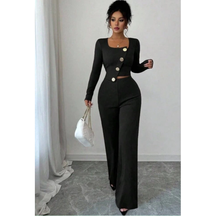 Kadın Uzun Kol Kare Yaka Asimetrik Düğme Detay Bluz Ve Yüksek Bel Pantolon Ikili Takım