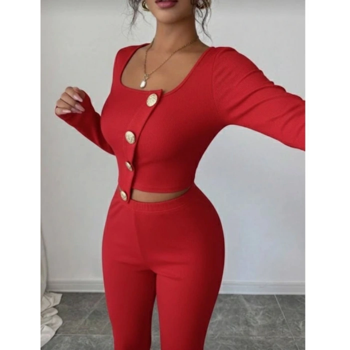 Kadın Uzun Kol Kare Yaka Asimetrik Düğme Detay Bluz Ve Yüksek Bel Pantolon Ikili Takım