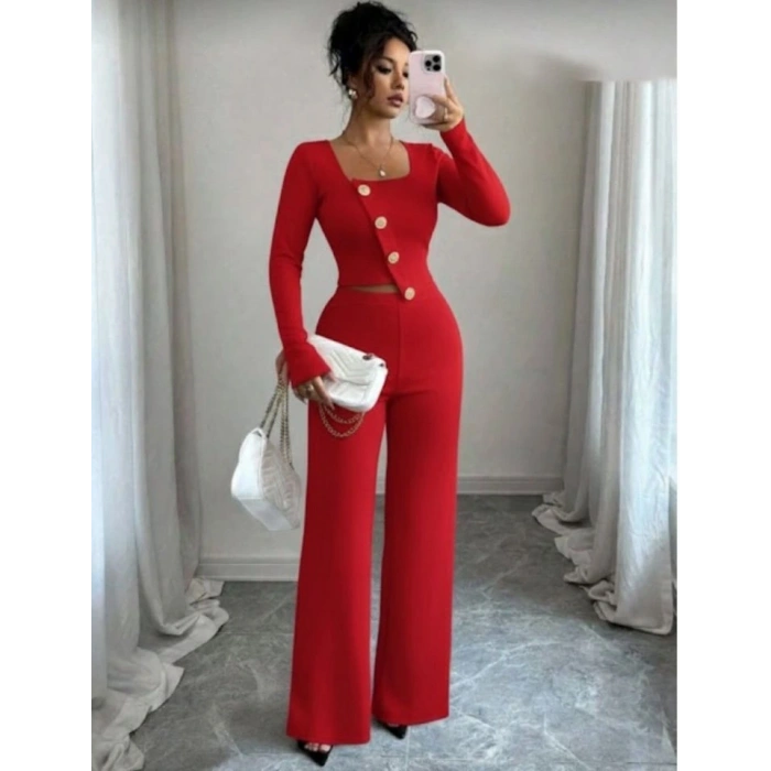 Kadın Uzun Kol Kare Yaka Asimetrik Düğme Detay Bluz Ve Yüksek Bel Pantolon Ikili Takım