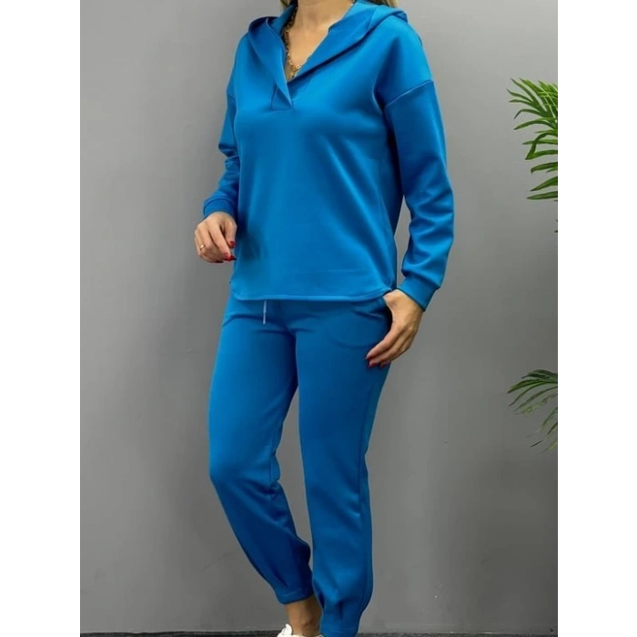 Kadın Uzun Kol V Yaka Kapüşon Detay Sweat Ve Yüksel Bel Eşofman Ikili Takım