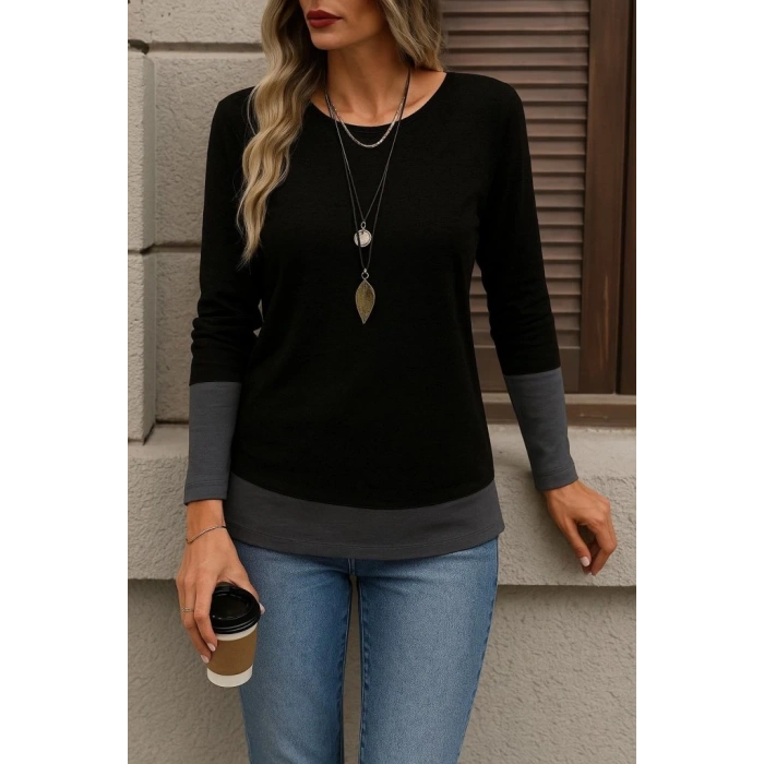 Kadın Uzun Kollu Açık Yuvarlak Yaka Blok Renkli Viskon Bluz