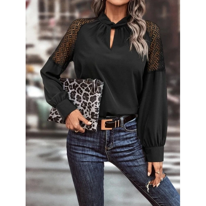 Kadın Uzun Kollu Anahtar Deliği Yaka Reglan Kol Dantel Detaylı Ithal Krep Bluz