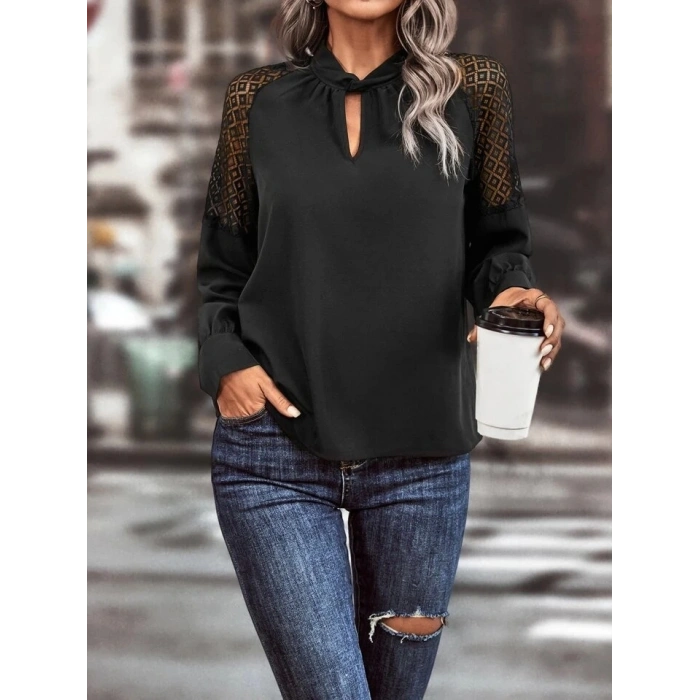 Kadın Uzun Kollu Anahtar Deliği Yaka Reglan Kol Dantel Detaylı Ithal Krep Bluz