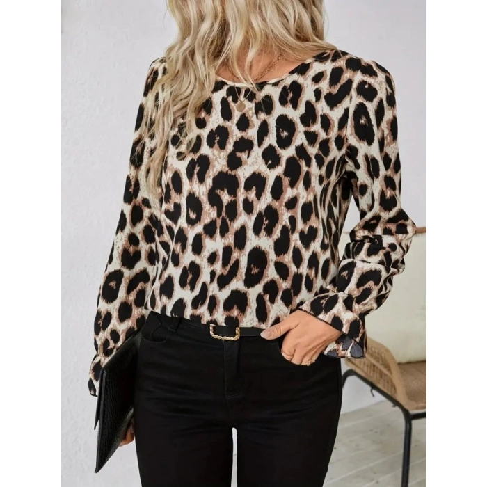 Kadın Uzun Kollu Arkadan Fiyonk Detaylı Leopar Desenli Süprem Bluz