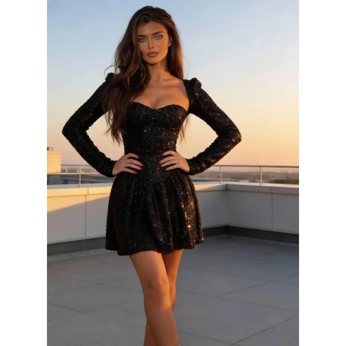 Kadın Uzun Kollu Armut Yaka Pul Payet Işlemeli Mini Gece Elbisesi