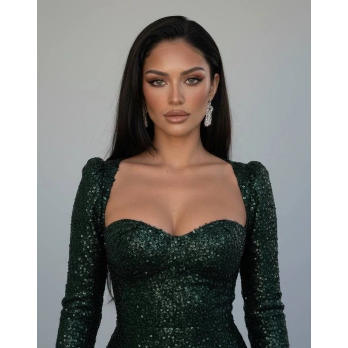 Kadın Uzun Kollu Armut Yaka Pul Payet Işlemeli Mini Gece Elbisesi