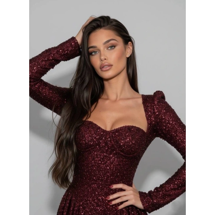 Kadın Uzun Kollu Armut Yaka Pul Payet Işlemeli Mini Gece Elbisesi