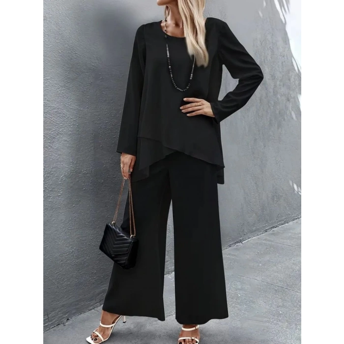 Kadın Uzun Kollu Asimetrik Detaylı Salaş Sandy Bluz Ve Pantolon Ikili Takım