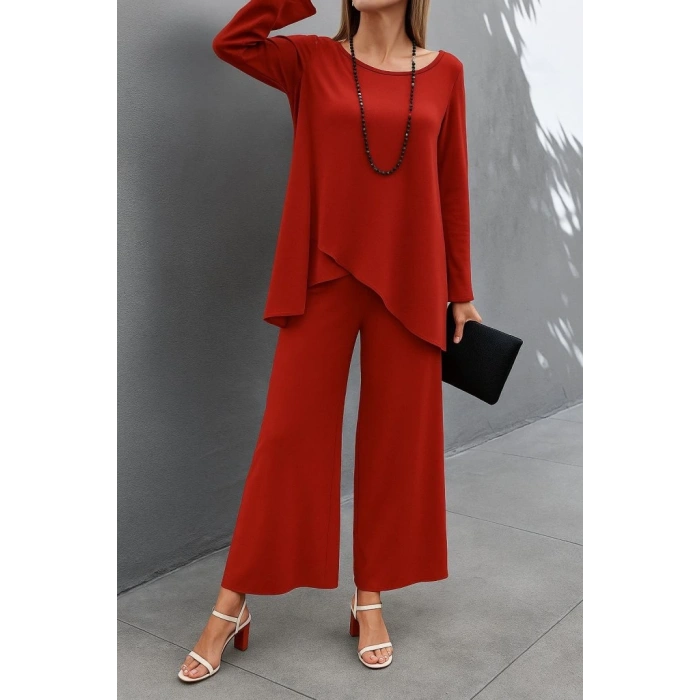 Kadın Uzun Kollu Asimetrik Detaylı Salaş Sandy Bluz Ve Pantolon Ikili Takım