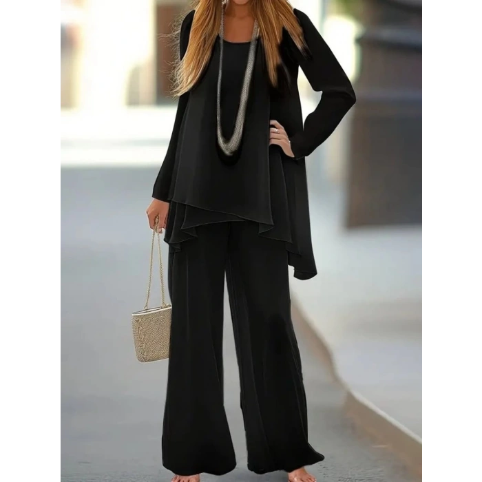 Kadın Uzun Kollu Asimetrik Detaylı Salaş Sandy Bluz Ve Pantolon Ikili Takım