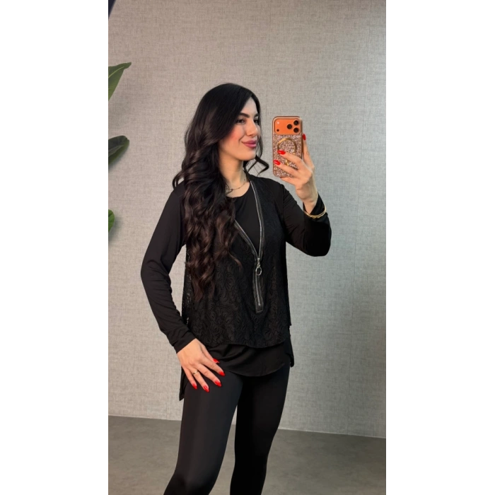 Kadın Uzun Kollu Asimetrik Kesim Bluz Ve Dantel Güpür Transparan Detay Fermuarlı Yelek Ikili Takım