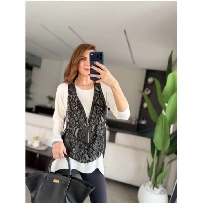 Kadın Uzun Kollu Asimetrik Kesim Bluz Ve Dantel Güpür Transparan Detay Fermuarlı Yelek Ikili Takım