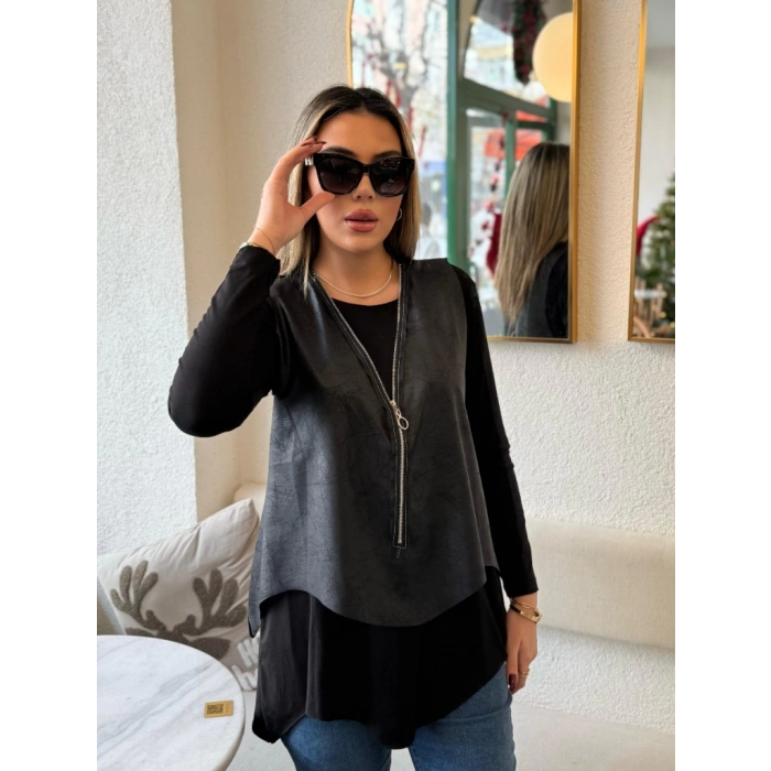 Kadın Uzun Kollu Asimetrik Kesim Viskon Bluz Ve çatlak Deri Görünümlü Yelek Ikili Takım