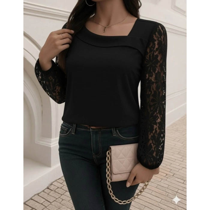 Kadın Uzun Kollu Asimetrik Yakalı Dantelli Ithal Krep Bluz