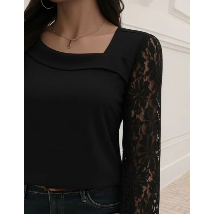 Kadın Uzun Kollu Asimetrik Yakalı Dantelli Ithal Krep Bluz